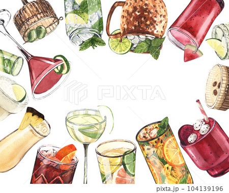 Watercolor frame, cocktail glasses: martini, gin,margarita,mojito,liquor,rum,moscow mule. Hand-drawn illustration isolated on white background. Perfect for recipe lists with alcoholic drinks, for cafe 104139196