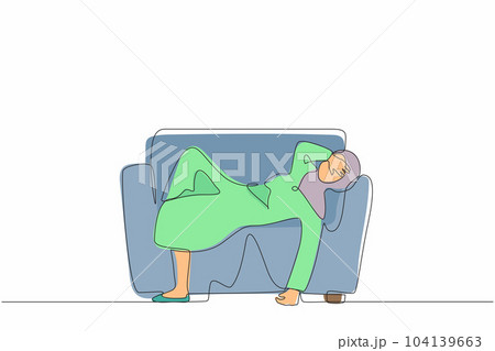 Continuous one line drawing unhappy Arab businesswoman sad tired sleepy mood resting on sofa. Frustrated worker holding her head lying on couch. Stressed, anxiety, failure. Single line design vector Continuous one line drawing unhappy Arab businesswoman sad tired sleepy mood resting on sofa. Frustrated worker holding her head lying on couch. Stressed, anxiety, failure. Single line design vector 104139663
