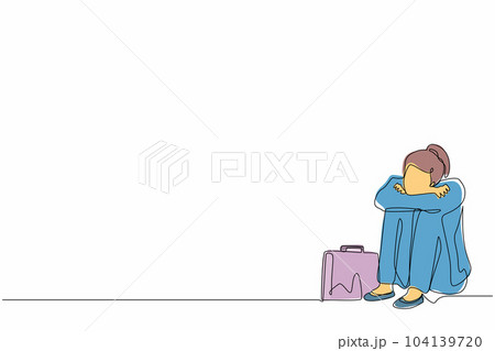 Single continuous line drawing depressed businesswoman suffer emotion sadness melancholy stress with briefcase sitting in despair on floor. Worker sad gesture expression. One line draw design vector Single continuous line drawing depressed businesswoman suffer emotion sadness melancholy stress with briefcase sitting in despair on floor. Worker sad gesture expression. One line draw design vector 104139720