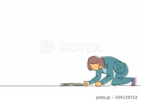 Single continuous line drawing depressed businesswoman with briefcase crawling in despair on floor. Frustrated office worker mental health problems. One line draw graphic design vector illustration 104139722