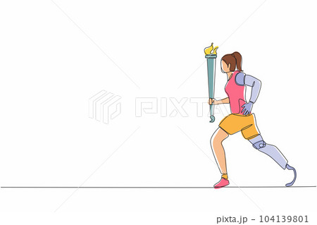 Single one line drawing young athlete with prosthetic leg holding torch. Disability sportswoman participating in opening ceremony of sport tournament. Continuous line design graphic vector Single one line drawing young athlete with prosthetic leg holding torch. Disability sportswoman participating in opening ceremony of sport tournament. Continuous line design graphic vector 104139801