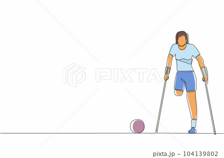 Single continuous line drawing disabled woman with crutches playing football in stadium. Disability soccer athlete. Amputated sportswoman playing on sport competition. One line graphic design vector Single continuous line drawing disabled woman with crutches playing football in stadium. Disability soccer athlete. Amputated sportswoman playing on sport competition. One line graphic design vector 104139802