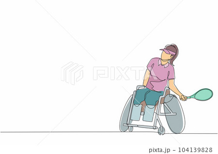Continuous one line drawing sportswoman with wheelchair playing tennis. Concept of society, community of persons with disabilities. Hobbies, interests. Single line design vector graphic illustration Continuous one line drawing sportswoman with wheelchair playing tennis. Concept of society, community of persons with disabilities. Hobbies, interests. Single line design vector graphic illustration 104139828