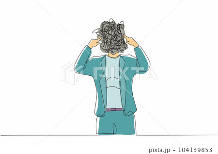 Single continuous line drawing businesswoman with round scribbles instead of head. Office worker covering her ears with fingers. Person closing ear for loud noise. One line draw graphic design vector 104139853