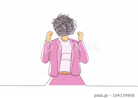 Continuous one line drawing businesswoman with round scribbles instead of head. Angry woman raised fist, shout or screaming expression. Woman expresses negative emotion. Single line draw design vector Continuous one line drawing businesswoman with round scribbles instead of head. Angry woman raised fist, shout or screaming expression. Woman expresses negative emotion. Single line draw design vector 104139908