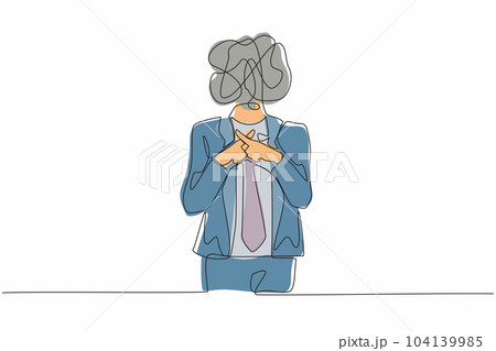 Single one line drawing businessman with round scribbles instead of a head. Man hand making sign crossing fingers forming an x. Cross, wrong or banned just say no. Continuous line draw design vector 104139985