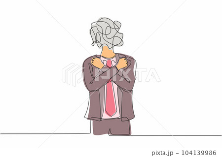 Single one line drawing businessman with round scribbles instead of head. Male manager with fists clenched, arms crossed gesture. Attractive guy with arms crossed. Continuous line draw design vector 104139986
