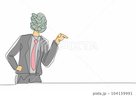 Single continuous line drawing businessman with round scribbles instead of head. Angry worker arguing, conflicting. Quarrel fight aggressive person. Male shouting. One line draw graphic design vector Single continuous line drawing businessman with round scribbles instead of head. Angry worker arguing, conflicting. Quarrel fight aggressive person. Male shouting. One line draw graphic design vector 104139991