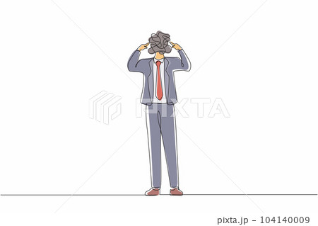 Single continuous line drawing businessman with round scribbles instead of a head. Male manager covering his ears with fingers. Person closing or plugging for loud noise. One line draw design vector 104140009