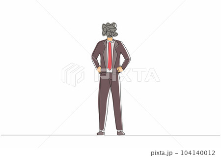 Single continuous line drawing businessman with round scribbles instead of head. Male manager standing and holding hand on hip. Office worker pose. One line draw graphic design vector illustration 104140012