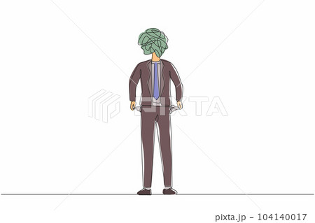 Single one line drawing businessman with round scribbles instead of head. Male manager with pockets turned outward, having no money. Bankrupt person. Continuous line draw design graphic vector 104140017