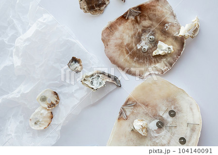 Handmade seashell earrings and tools for creating. Crafting eco friendly jewelry from natural material. 104140091