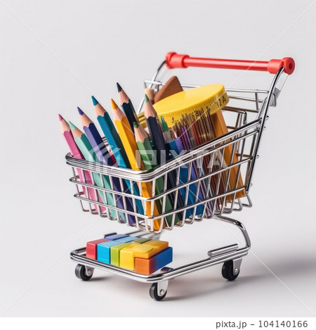 Close up of miniature shopping trolley with school materials, Back to school, shopping. 104140166