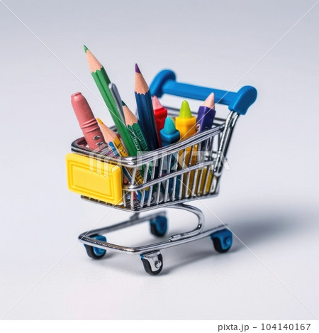 Close up of miniature shopping trolley with school materials and copy space on white background. 104140167