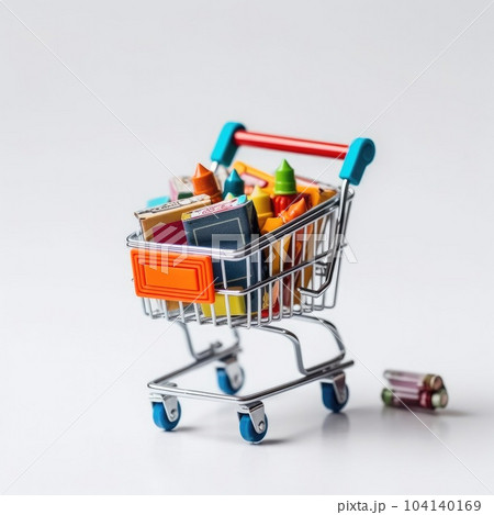 Close up of miniature shopping trolley with school materials. 104140169