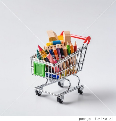 Close up of miniature shopping trolley with school materials and copy space on white background. 104140171