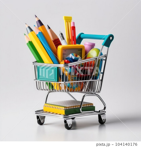 Miniature shopping trolley with school materials on white background. Miniature shopping trolley with school materials on white background. 104140176