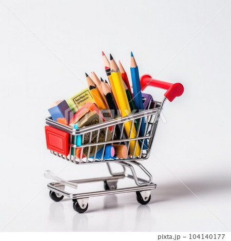 Miniature shopping trolley with school materials on white background. 104140177