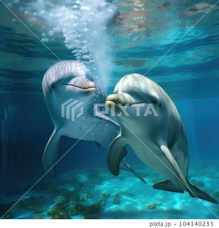 Graceful dolphins frolicking in underwater marine world. 104140233