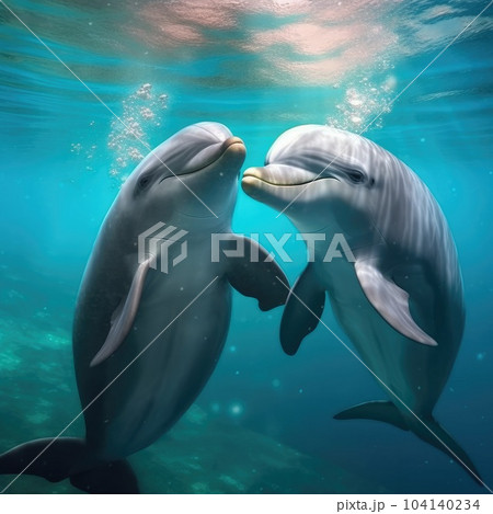 Lovely dolphin playing together in underwater marine world. Lovely dolphin playing together in underwater marine world. 104140234