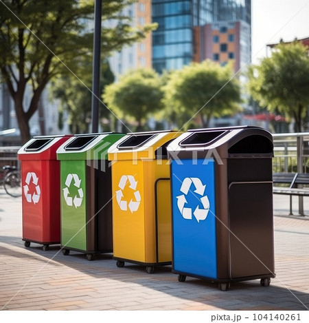 Garbage containers featuring a prominent recycling symbol. 104140261