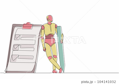 Single continuous line drawing robots holding big pencil and lean on clipboard. Modern robotics artificial intelligence technology. Electronic technology industry. One line draw graphic design vector Single continuous line drawing robots holding big pencil and lean on clipboard. Modern robotics artificial intelligence technology. Electronic technology industry. One line draw graphic design vector 104141032