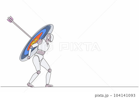 Continuous one line drawing robots carrying heavy huge target with exact arrow. Humanoid robot cybernetic organism. Future robotics development concept. Single line design vector graphic illustration Continuous one line drawing robots carrying heavy huge target with exact arrow. Humanoid robot cybernetic organism. Future robotics development concept. Single line design vector graphic illustration 104141093