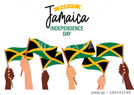 Jamaica Independence Day. Multiracial hands with Jamaica flags. Jamaica Independence Day banner. Illustration, poster, vector 104141149