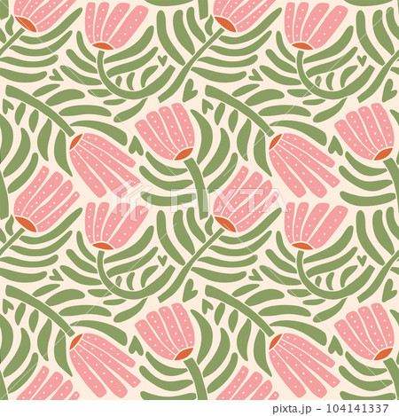 70s style retro botanical seamless pattern. Abstract groovy flowers with leaves and branches. Flat vector Hand drawn floral vintage print for fabric, wallpaper, packaging, wrapping paper 104141337