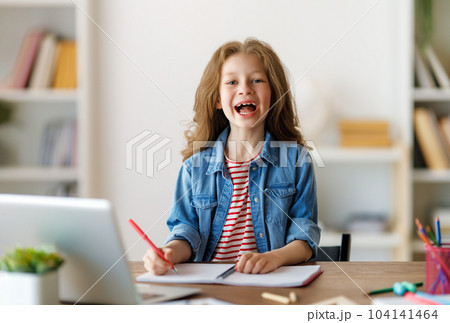 Girl doing homework or online education. Girl doing homework or online education. 104141464