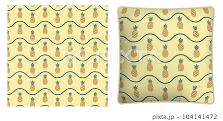 Square decorative pillow, bedroom accessory decorated seamless pattern with juicy pineapple and wave lines. Harvesting tropical fruits. Vector ornament for design of posters and printing on textile Square decorative pillow, bedroom accessory decorated seamless pattern with juicy pineapple and wave lines. Harvesting tropical fruits. Vector ornament for design of posters and printing on textile 104141472