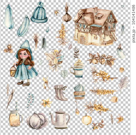 Watercolor hand drawn autumn girl gnome and sea buckthorn. Hand drawn illustration of autumn. Perfect for scrapbooking, kids design, wedding invitation, posters, greetings cards, party decoration. 104141486
