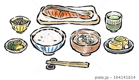 鮭メインのバランスの取れた朝食 筆タッチイラスト 鮭メインのバランスの取れた朝食 筆タッチイラスト 104141814