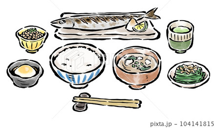 秋刀魚メインのバランスの取れた朝食 筆タッチイラスト 秋刀魚メインのバランスの取れた朝食 筆タッチイラスト 104141815