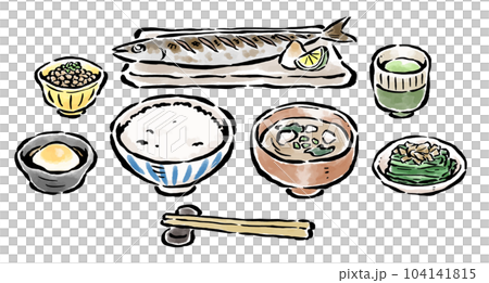 秋刀魚メインのバランスの取れた朝食 筆タッチイラスト 秋刀魚メインのバランスの取れた朝食 筆タッチイラスト 104141815