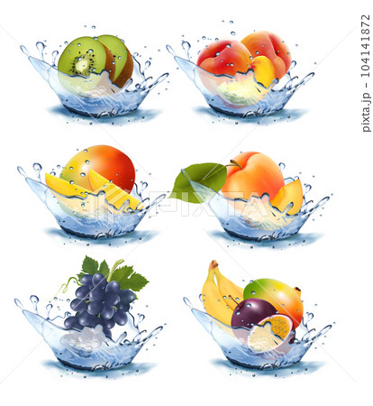 Set of different water splashes with fruit and berries. Peach, kiwi, apricot, passion fruit. mango, grape, banana. Vector Set of different water splashes with fruit and berries. Peach, kiwi, apricot, passion fruit. mango, grape, banana. Vector 104141872