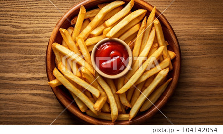French fries with ketchup, fast food concept, unhealthy food French fries with ketchup, fast food concept, unhealthy food 104142054