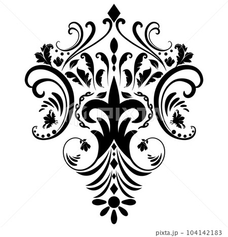 Vintage damask baroque ornament with floral retro antique style. Acanthus pattern foliage swirl design element wedding decoration. Isolated on white background. Vintage damask baroque ornament with floral retro antique style. Acanthus pattern foliage swirl design element wedding decoration. Isolated on white background. 104142183