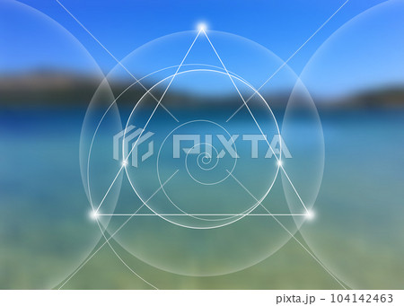 Interlocking circles, triangles and spirals hipster sacred geometry illustration with golden ratio, fibonacci spiral. Vector isolated on blue sea landscape background. 104142463
