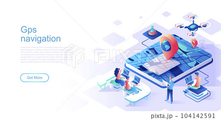 GPS navigation isometric landing page vector template. City map with pointer website header UI layout with illustration. Tracking path, finding location web banner isometry concept GPS navigation isometric landing page vector template. City map with pointer website header UI layout with illustration. Tracking path, finding location web banner isometry concept 104142591