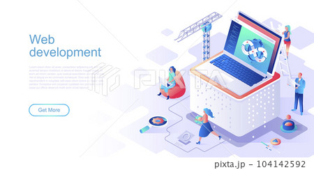 Web development isometric landing page vector template. Program usability and performance website header UI layout with illustration. Fullstack app engineering, devops web banner isometry concept 104142592