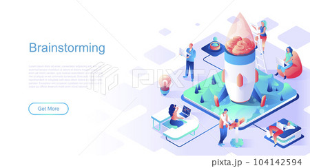 Brainstorming isometric landing page vector template. Corporate strategy planning website header UI layout with illustration. Creative thinking and imagination web banner isometry concept Brainstorming isometric landing page vector template. Corporate strategy planning website header UI layout with illustration. Creative thinking and imagination web banner isometry concept 104142594