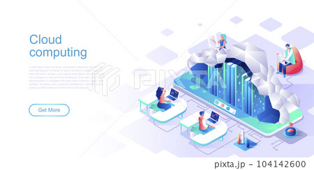 Cloud computing isometric landing page vector template. Data and info storage website header UI layout with illustration. Database server, hosting infrastructure web banner isometry concept 104142600