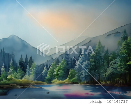 油彩画 山と湖の風景 水彩画 山と湖の風景