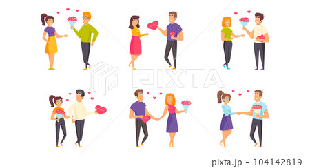 Saint Valentines Day flat vector illustrations set. Romantic date, dating, rendezvous scenes bundle. Enamored couples, people in love, men and women with flower bouquets cartoon characters collection Saint Valentines Day flat vector illustrations set. Romantic date, dating, rendezvous scenes bundle. Enamored couples, people in love, men and women with flower bouquets cartoon characters collection 104142819