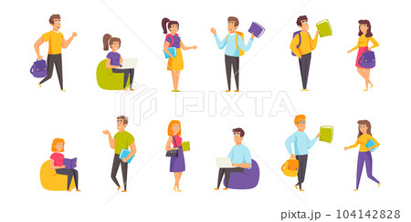 Students, learners flat vector illustrations set. Study, education, seminar preparation scenes bundle. Undergraduates, people with tutorials cartoon characters collection isolated on white background Students, learners flat vector illustrations set. Study, education, seminar preparation scenes bundle. Undergraduates, people with tutorials cartoon characters collection isolated on white background 104142828