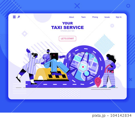 Taxi service landing page vector template. Urban transport call website header UI layout with flat illustration. Fast trip on car, journey destination web banner flat concept Taxi service landing page vector template. Urban transport call website header UI layout with flat illustration. Fast trip on car, journey destination web banner flat concept 104142834