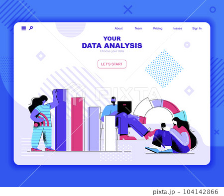 Data analysis landing page vector template. Information chart and graph website header UI layout with flat illustration. Accounting report, financial presentation web banner flat concept Data analysis landing page vector template. Information chart and graph website header UI layout with flat illustration. Accounting report, financial presentation web banner flat concept 104142866