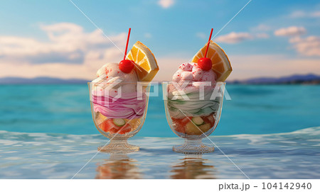 Two Ice Creams in a Glass Goblets on the Beach 104142940