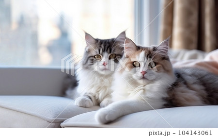 Two fluffy cats are sleeping on the sofa near the window. Two fluffy cats are sleeping on the sofa near the window. 104143061